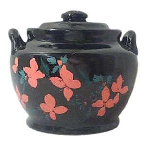 Vintage Black Ceramic Cookie Jar Bean Pot Handpainted